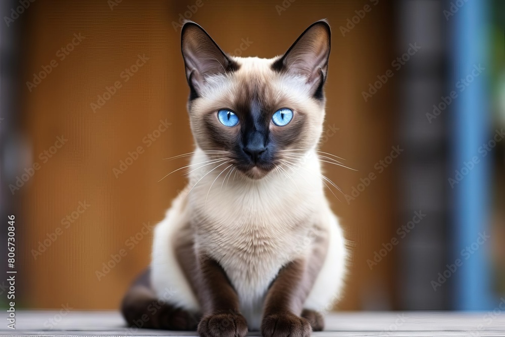 A beautiful, blue-eyed Siamese cat is sitting on a wooden table outside, looking directly at the camera
