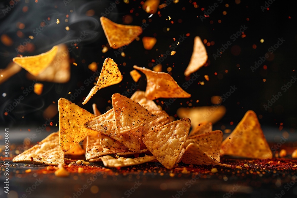 Crunchy tortilla chips topped with spicy Mexican nacho ingredients on a dark backdrop. Crunchy tortilla chips topped with spicy Mexican nacho ingredients on a dark backdrop.