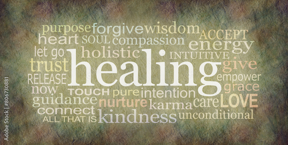 Ταπετσαρία Rustic healing words word cloud wall art - brown dark to light stone effect back