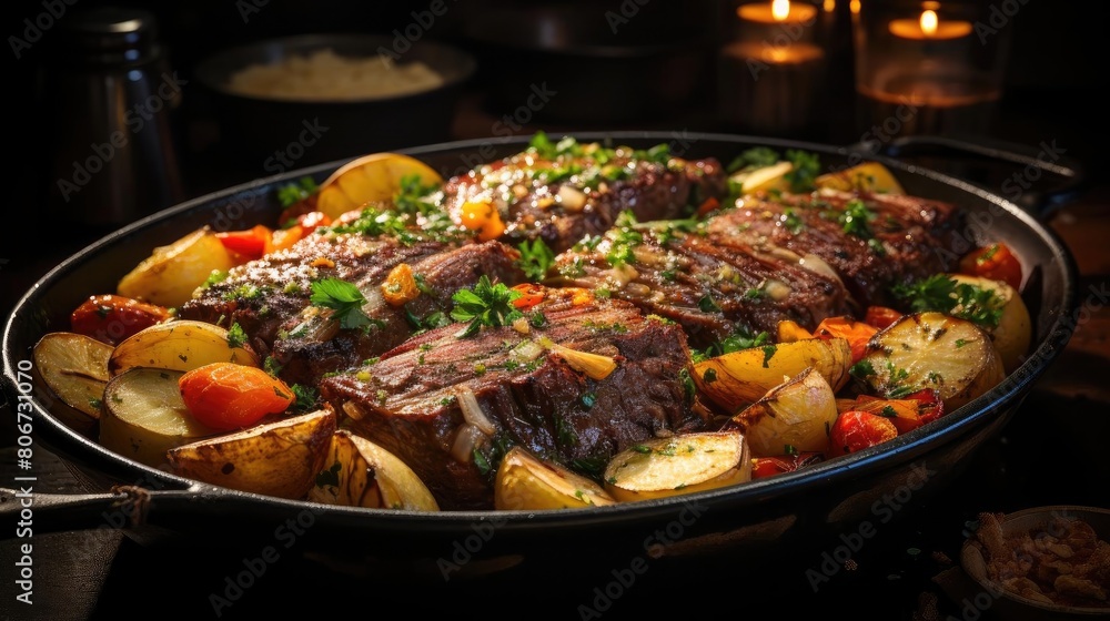 delicious pot roast meat with black and blur background delicious pot roast meat with black and blur background