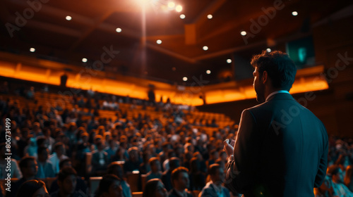 Within the confines of the conference hall, the audience of unrecognizable attendees is captivated by the speaker's dynamic delivery and insightful commentary on entrepreneurship a