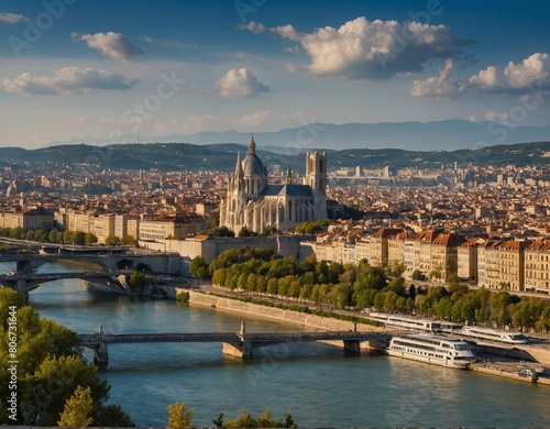 Experience the charm of Lyon's skyline, with its historic landmarks such as the Basilica of Notre-Dame de Fourvière and the Musée des Confluences set against the backdrop of the Rhône River photo
