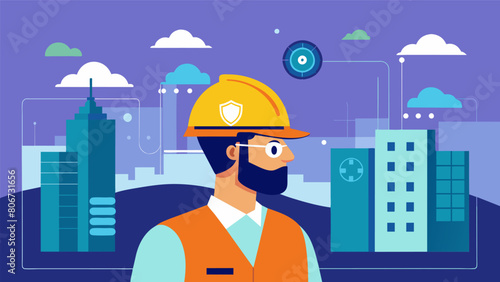 A worker peering through an ARenabled safety helmet which layers important infrastructure information over the construction site.. Vector illustration