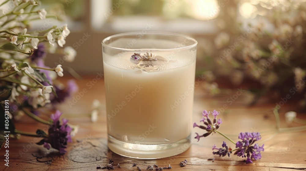 A vessel of clarity holds the milky elixir, a sight that tempts the senses and soothes the soul. A vessel of clarity holds the milky elixir, a sight that tempts the senses and soothes the soul.