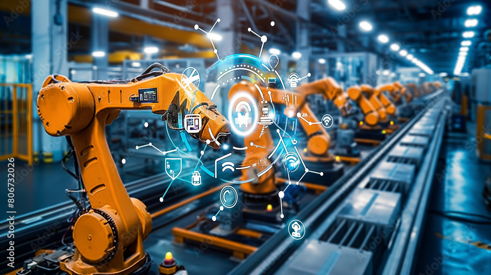 In the heart of the industrial factory, a network of machinery operates in perfect harmony, powered by 5G connection technology that delivers lightning-fast WiFi internet, enabling In the heart of the industrial factory, a network of machinery operates in perfect harmony, powered by 5G connection technology that delivers lightning-fast WiFi internet, enabling