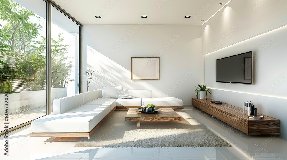 minimalist living room with floating furniture, featuring a black television, potted plant, and white walls and floor minimalist living room with floating furniture, featuring a black television, potted plant, and white walls and floor