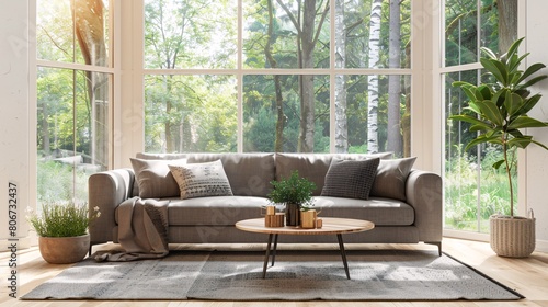 Spacious living area with a neutral-colored couch, center table, and large window.