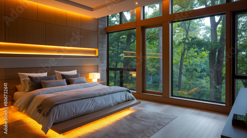 Within the serene ambiance of a contemporary bedroom, eco-friendly LED lighting creates a calming retreat, highlighting the importance of sustainable lighting solutions in promotin