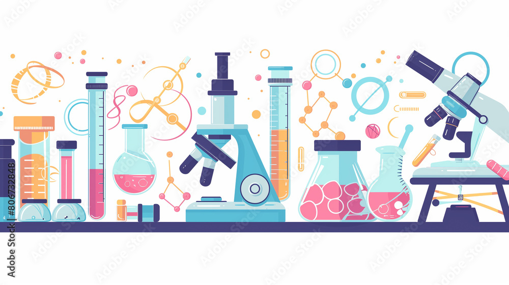 Laboratory equipment banner. Concept for science, medicine and knowledge. Flat vector illustration. Laboratory glassware. Scientific equipment, laboratory equipment. Laboratory equipment banner. Concept for science, medicine and knowledge. Flat vector illustration. Laboratory glassware. Scientific equipment, laboratory equipment.