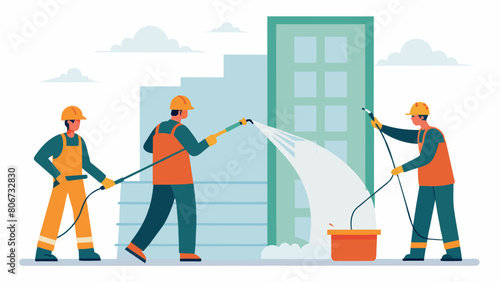 Workers carefully hosing down and cleaning the buildings exterior before applying seismic resistant coatings.. Vector illustration