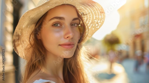 A close up of a happy blond woman wearing a stylish sun hat as a fashion accessory at a fun event. She is sporting a fedora or cowboy hat for a chic look AIG50