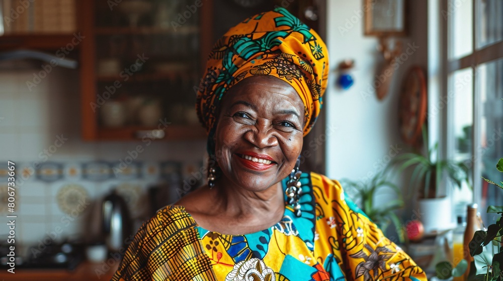 A joyful and cheerful older lady taking photographs at home to celebrate Mother's Day, wearing vibrant African attire. A joyful and cheerful older lady taking photographs at home to celebrate Mother's Day, wearing vibrant African attire.