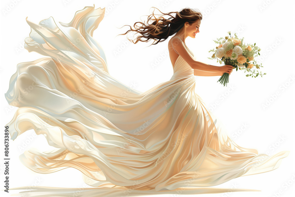 Bride in Flowing Dress Holding Bouquet in Ethereal Light. Bride in Flowing Dress Holding Bouquet in Ethereal Light.