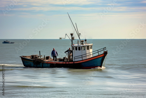 A lone man stands confidently on a small boat as it sails through the vast  tranquil ocean on a sunny day