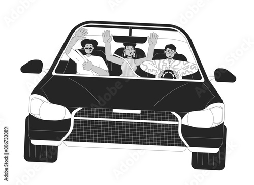 Multiracial friends riding car recklessly black and white 2D line cartoon characters. Creating dangerous situation on road isolated vector outline people. Accident monochromatic flat spot illustration