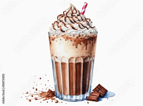 Drawing of a glass with a chocolate milkshake and drinking straw on a white background