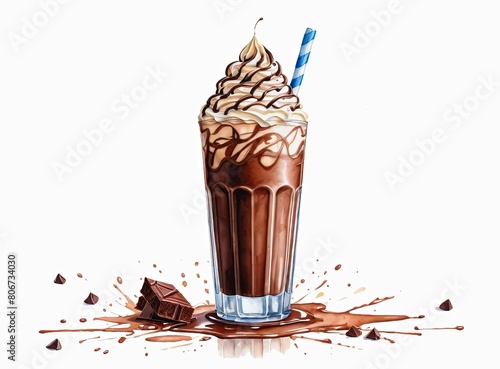 Drawing of a glass with a chocolate milkshake and drinking straw on a white background