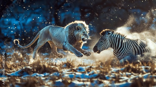 A lion is chasing a zebra