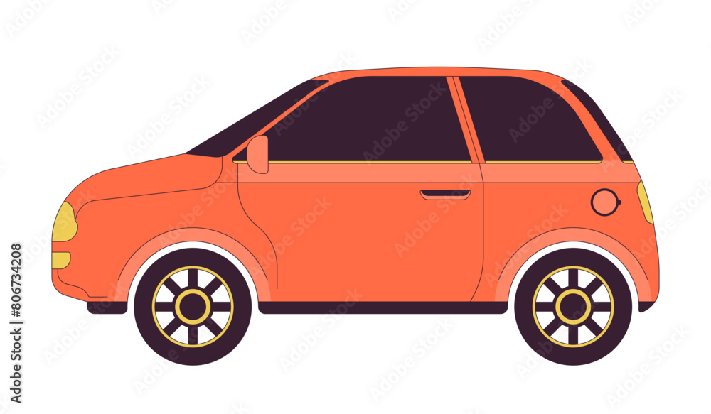 Hatchback car model 2D linear cartoon object. Comfortable family automobile. Driving auto isolated line vector element white background. Two door transport riding color flat spot illustration Hatchback car model 2D linear cartoon object. Comfortable family automobile. Driving auto isolated line vector element white background. Two door transport riding color flat spot illustration
