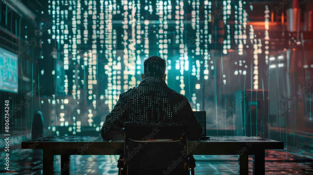 A mysterious man sits at a table in a dimly lit room, typing furiously on a laptop screen glowing in the darkness A mysterious man sits at a table in a dimly lit room, typing furiously on a laptop screen glowing in the darkness