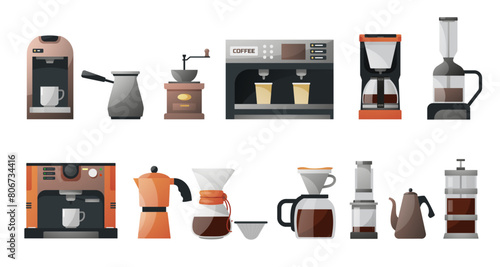 Coffee brewing devices. Pour over drip coffee maker, french press, cezve turkish pot, grinder, cup. Vector coffeehouse equipment set. Appliance for home or cafe