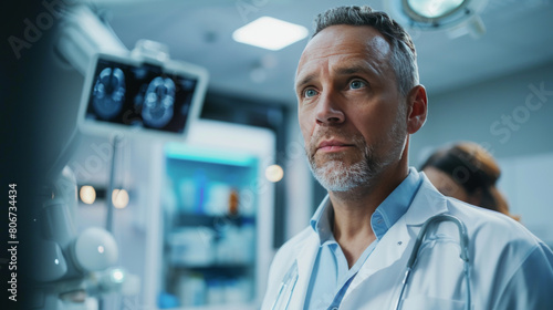 Senior male doctor in a white coat examining radiological images in a high-tech hospital room. photo