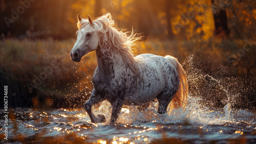 Equestrian Majesty: Dynamic horse, cascading waterfall, sunlight rays.generative ai © Krisana