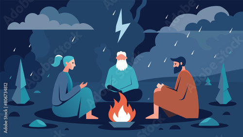 As a storm rages outside a group of philosophers sit by a fireplace deep in thought as they contemplate the turbulent nature of life and how to find. Vector illustration