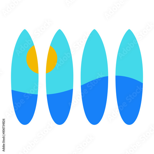 Logo club de surf. Silueta de tablas de surf con olas de mar y sol en su interior formando paisaje marino