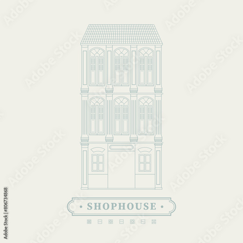 Mnimal line vector illustration of an old school heritage shophouse facade in pastel colour. For concept proposal, design, postcard, banner, social media photo