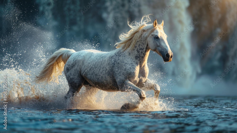 Fototapeta premium Equestrian Majesty: Dynamic horse, cascading waterfall, sunlight rays.generative ai