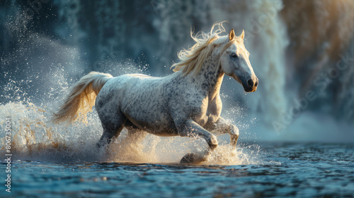 Equestrian Majesty  Dynamic horse  cascading waterfall  sunlight rays.generative ai