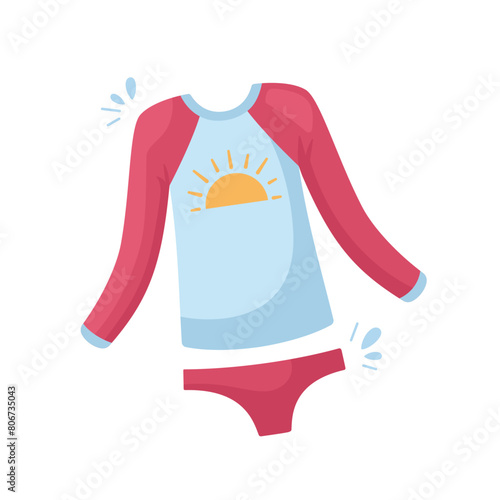 Women Windsurf Swimsuit, Long Sleeve Top and Bottoms. Vector illustration isolated on white. Flat design. female swimming suit for surfing. Woman costume for surf board. Extreme water sport clothes.