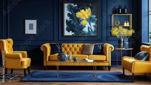 Navy blue walls with mustard yellow trim and mustard yellow accent furniture pieces.