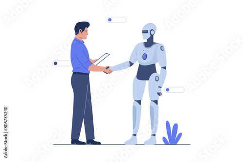 Artificial intelligence robot handshake with human. Flat vector illustration