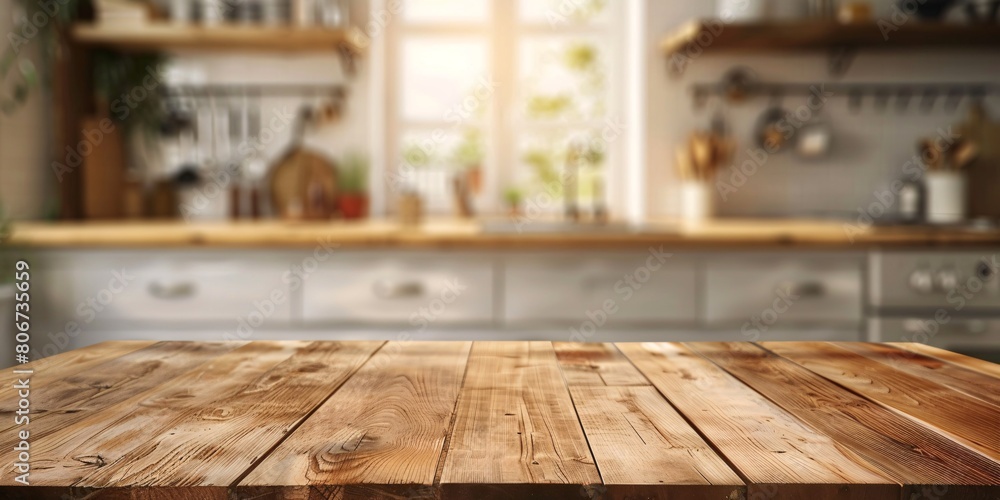 A wooden tabletop on a blurry kitchen backdrop, suitable for displaying products or designing layouts.