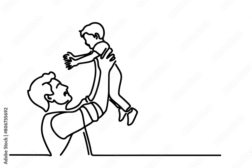 continuous one black line drawing father and son playing together and holding heart shape doodle father day concept vector on white background