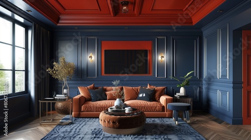 Navy blue walls with rust red wainscoting and rust red ceiling with navy blue crown molding.