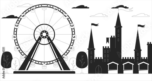 Amusement park attractions black and white line illustration. Ferris wheel and fairy tale castle 2D landscape monochrome background. Theme park for children and adults outline scene vector image
