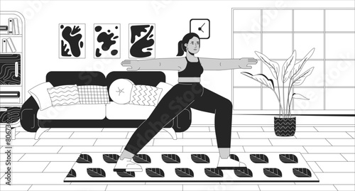 Middle eastern curvy woman doing yoga black and white line illustration. Sportive arab female with overweight 2D character monochrome background. Home fitness outline scene vector image