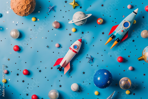 Vibrant Space Exploration Flat Lay with Rockets and Planets on Blue