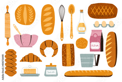 Baking ingredients. Cartoon kitchen tools and food for pastry and sweet bakery, eggs flour sugar butter milk whisk rolling pin. Vector isolated set. Utensils and products for baking pastry