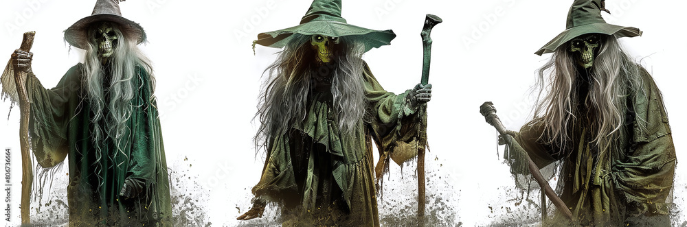 Fototapeta premium Three mystical wizards in green robes holding staffs, standing against a white background with dynamic poses.