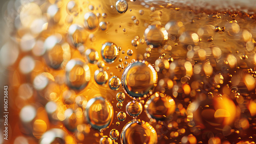 beer liquid in a glass, showing the fine bubbles and rich golden color,generative ai