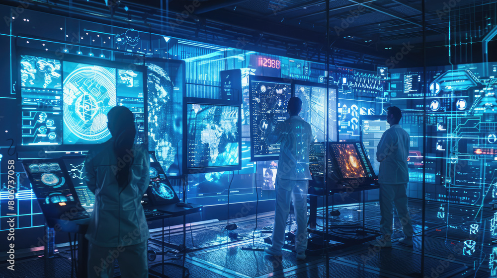 Data scientists work in a modern laboratory of a technology company on ...