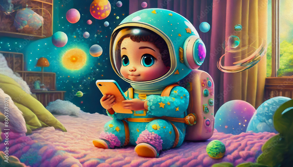oil painting style CARTOON CHARACTER Baby vow Astronaut Exploring Cosmic Galaxy with Smartphone in Bedroom