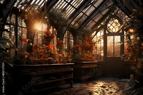 Sunset in a greenhouse. Sunlight through the window. 3d rendering