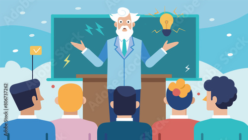 A professor giving a lecture his nerves and selfdoubt amplified by the Anxiety Amplification Amplifier set up in the back of the classroom..