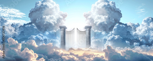 A surreal image of a large ornate gate standing amidst fluffy clouds under a bright blue sky, symbolizing entrance to heaven or a mythical realm.