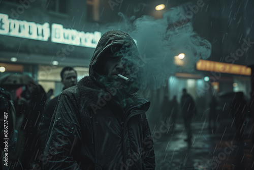 Mysterious Hooded Man Smoking in Rainy Night Street Scene.